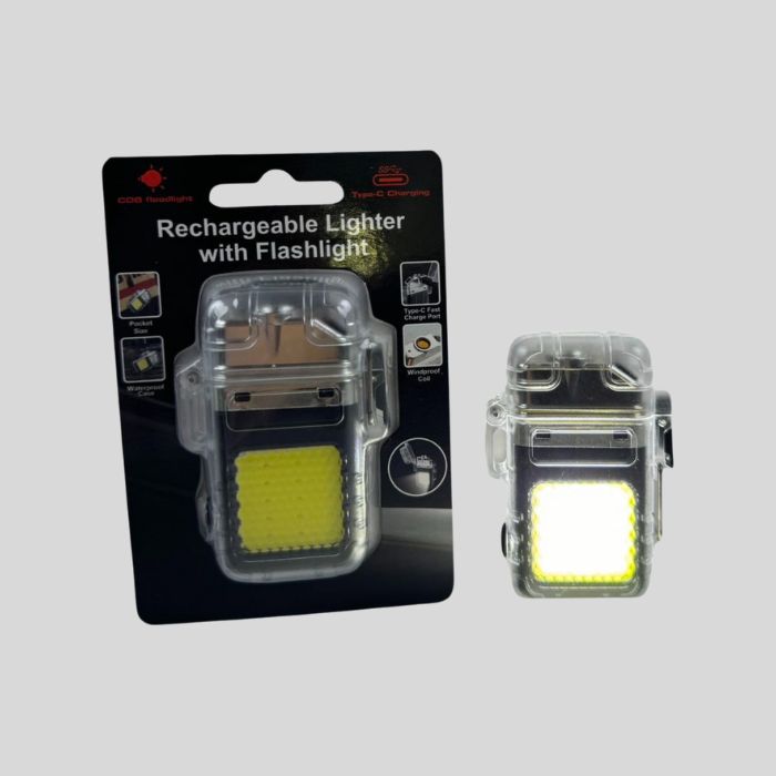 Ever Tech - Crestone Electronic Lighter with LED Flashlight, waterproof, transparent case, coil heating element - packaging view with light